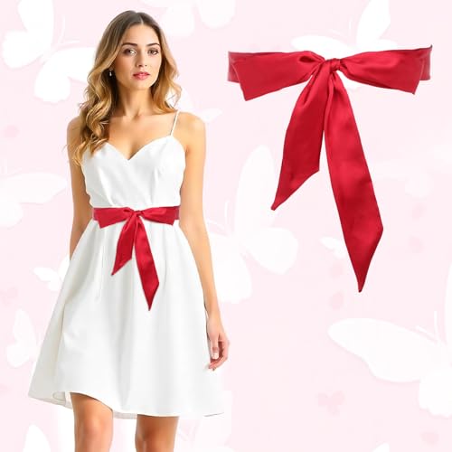Bow Belts for Women, Long Double Side Satin Sash Belt Ceremony Belt for Wedding Bridal Special Occasion Dresses 2'' Wide(Red)2