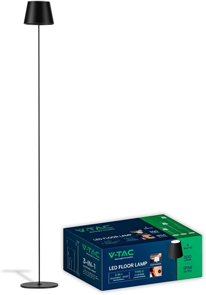 V-TAC V-TAC VT-7544 Dimmable LED floor lamp black aluminum housing height adjustable 50cm-130cm USB charger - sku 7009