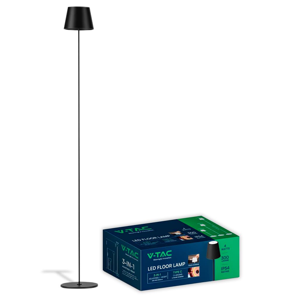 V-Tac Vt-7544 Lampada Da Terra Piantana Led Touch Dimmerabile In Alluminio Corpo Nero Altezza Regolabile 50cm-130cm Ricarica Usb - Sku 7009