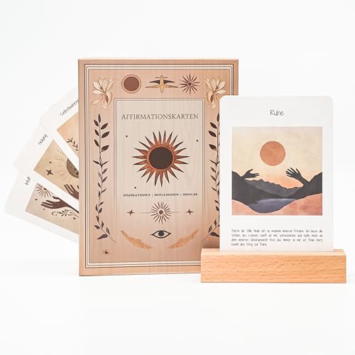 Galaxieregister Affirmationskarten Set – 12 hochwertige Karten mit Holzständer – Achtsamkeit & Selbstreflexion mit astrologischer Inspiration – Ideal für Meditation, Journaling & als Geschenk