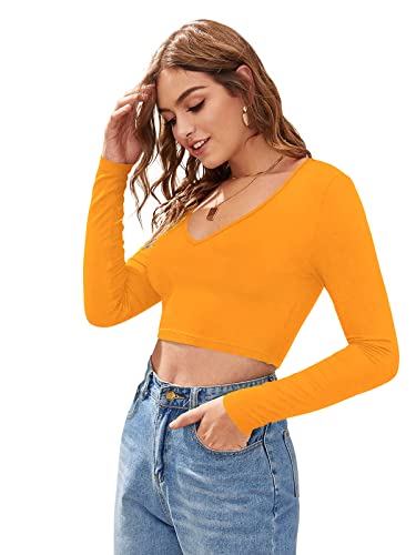 Image of LONDON BELLY Women's Polyester Crop Top with V Neck Full Sleeves Solid Pattern Regular Fit and Crop Length | Crop Tops for Woman | Women Chic Everyday Wear Top