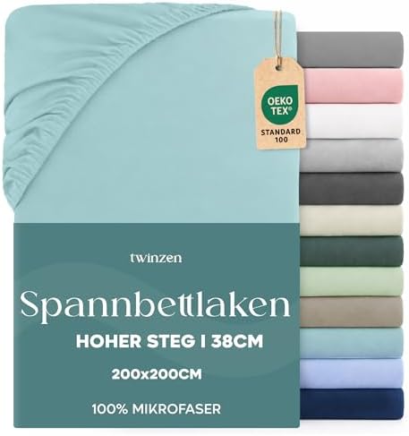 Twinzen - Spannbettlaken 200x200 cm - 100% Mikrofaser - Steghöhe 35cm | Aqua · Ultraweich · OEKO-TEX Zertifiziert · Bettwäsche 2 Personen · Für hohe Matratzen · Atmungsaktiv · Pfle
