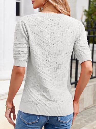 Image of Womens Puff Short Sleeve Sweater Summer Crew Neck Ribbed Knit Pullover Tops
