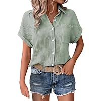 Chemisier pour Femmes Coton Et Lin Respirant Chic Et Élégant Chemisiers Et Blouses Ete Leger Décontracté Blouse Manches Courtes T-Shirts De Couleur Pure À Col V Lâche Boutonnée Chemise Plus Size