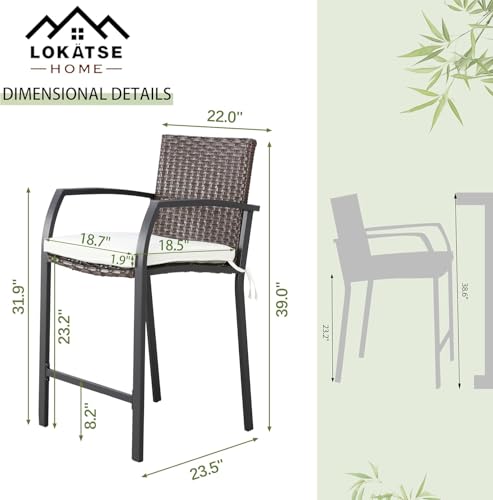 Image of LOKATSE HOME Bar Stools Counter Height Chair Set of 4 Wicker Decoracted Patio Furniture with Armrest for Garden Pool Lawn Backyard