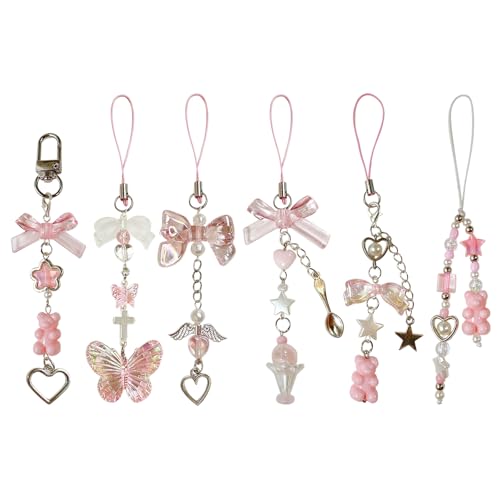 TYXHXTF 6 Pcs Pendentifs Y2K pour Téléphone Portable, Kawaii Noeud Papillon Peu d'ours Chaîne Anti-Perte Pour Téléphone Case Porte-clés Sac à dos...