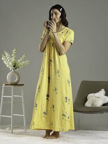 Image of 9shines Label Stylish Cotton Blend Embroidered Maxi Nightdress for Women with Pocket| Full Length Nightwear| Premium Nightdress| Comfortable Nightwear(5256)