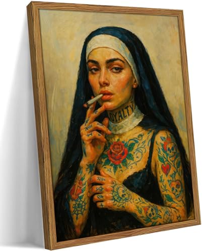 Framed Tattooed Nun Canvas Wall Art Gothic Neo Traditional Tattoo Pictures Wall Decor Edgy Alternative Art Paintings Prints for Living Room Bedroom Tattoo Studio Dorm-12x16inch
