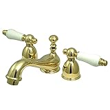 Kingston Brass KS3952PL Restoration Mini Widespread Lavatory Faucet with Porcelain Lever Handle, Polished Brass,4-Inch Adjustable Center