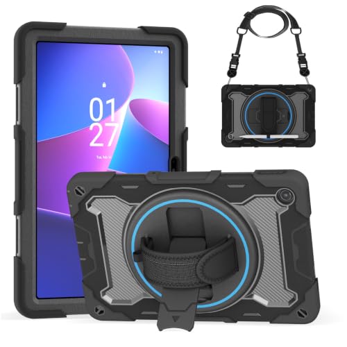 Bkinew Case for Lenovo Tab M10 Plus 3rd Generation 10.6 TB-125FU/TB-128FU/TB-128XU Rugged Cover with 360 Rotating Kickstand Hand Shoulder Strap Black