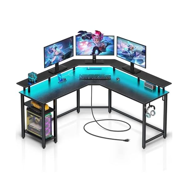Rolanstar L Shaped Gaming Desk with LED Lights & Power Outlets, 55.1″ Computer Desk with Full Monitor Stand & Storage Shelf, Corner Desk with Hooks, Black Desk Reversible