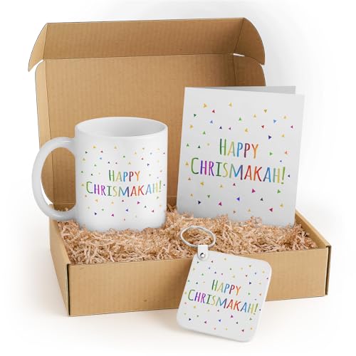 3dRose Chrismukkah Holiday Gift Set with Mug, Card, and Keychain – Perfect for Family and Interfaith Couples – Festive Celebration