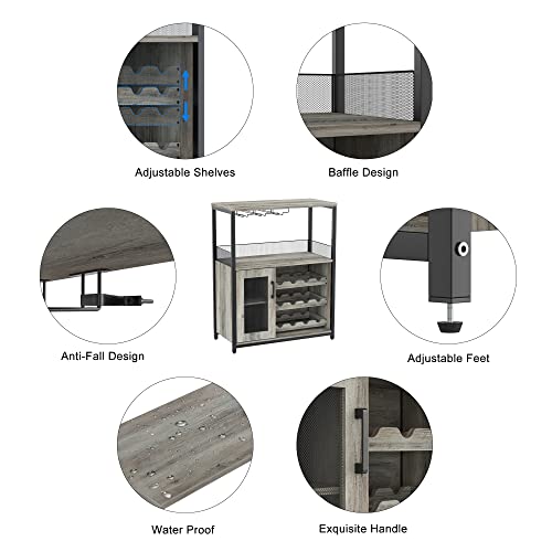 Amyove Wine Bar Rack Cabinet with Detachable Wine Rack, Bar Rack with Glass Holder, Small Sideboard and Buffet Cabinet with Mesh Door, Grey
