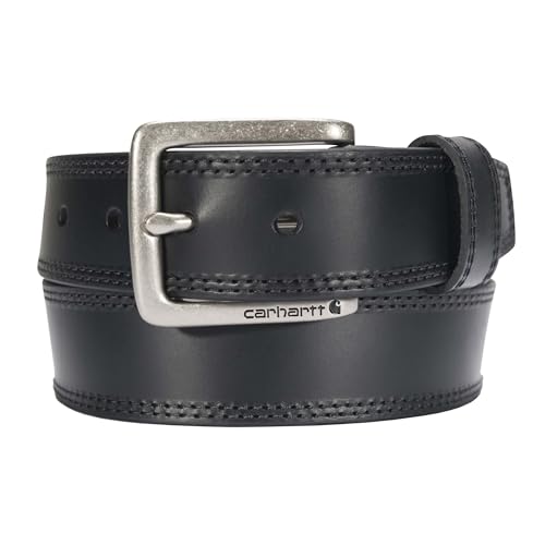 Carhartt Men's Rugged Leather Engraved Buckle Belt, Black w/Brushed Roller Finish, 34