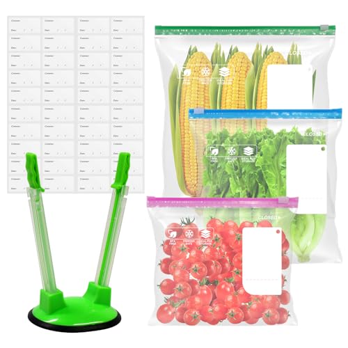 Sumdirect 50-Pack Slider Zip Lock Bags Set 3 Size Reusable Freezer & Food Storage Bags (4.55L 2.27L 1.14L) with Expandable Bottom 50 Sticker Labels & Bag Holder