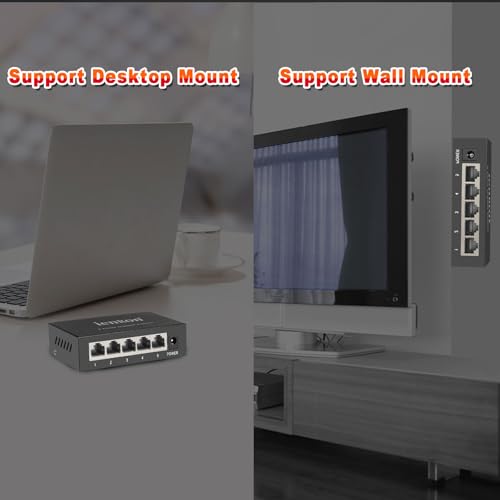 Image of 5 Port Gigabit Ethernet Switch, 1000Mbps Network Hub, Plug & Play, Fanless Metal Housing, Wall /Desktop Mount for Home /Office /Gaming /Streaming , Black