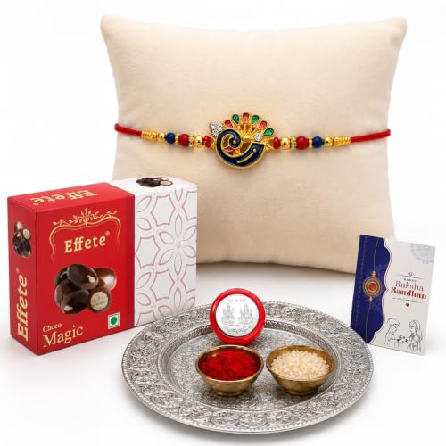 Image of Oblivion Designer Peacock Rakhi Set for Brother with Pooja Thali, Choco Magic Chocolate 32gm, Pooja Coin, Roli Chawal & Card | Rakhi with Chocolate Combo for Raksha Bandhan