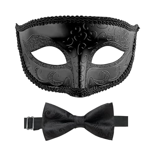 HyperFun Masquerade Mask for Men with Bow Tie Venetian Mens Masquerade Mask for Halloween Mardi Gras Prom Ball Party