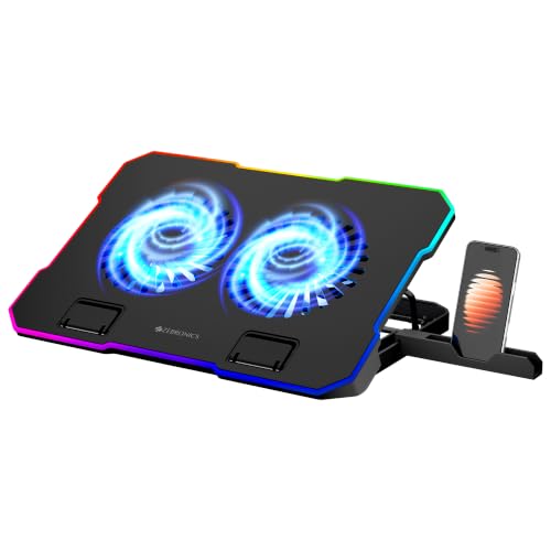 Image of Zebronics NC6800 Laptop Cooling Pad, Dual 120mm Fans, Up to 17-Inch Laptop Support, 65 CFM Airflow, 10 RGB Modes, 5-Level Adjustable Stand, Dual USB Hub, Fan Speed Control, Anti-Slip Pads (Black)
