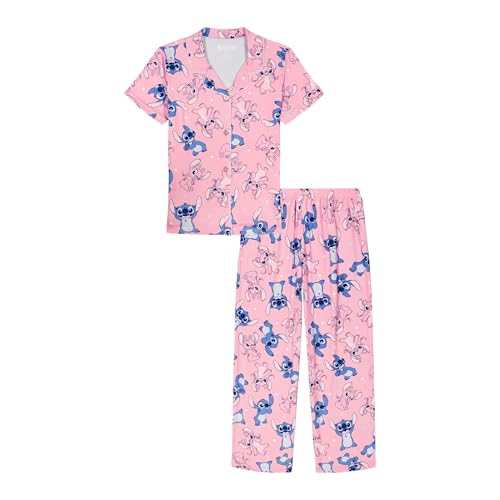 Disney Girls 2-Piece Loose-fit Button Down Matching Pajama Set Soft & Cute for Kids STITCH LOVES 6