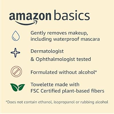 Amazon Basics Makeup Remover Wipes, Fragrance-Free, Alcohol-Free, Gentle Cleansing, Plant-Based, Dermatologist Tested, Removes Waterproof Mascara, Resealable, 25 Count, 1-Pack