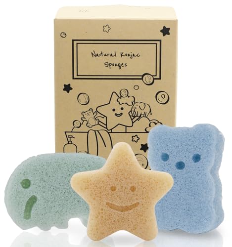 Image of myHomeBody Konjac Sponge, Bath loofah, 3pc, Elephant, Bear & Star | Natural Safe Plant-Based, Cute Shapes Bath Sponge for bathing, Shower Sponge for bath, Body Loofah, Shower Loofah, Face Luffa