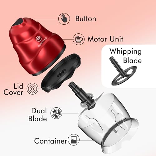 Image of Homeplus Electric Chopper - Nova 500W (Red) | Multipurpose Vegetable, Fruit & Meat Chopper with Dual Blade System, 500ml Large Bowl | Fast & Even Chopping, Easy Clean, Compact Design