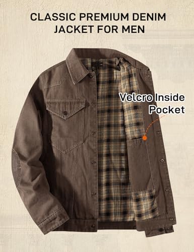 Flygo Mens Flannel Lined Denim Jacket Snap Cowboy Cut Western Classic Slim Fit Vintage Heavy Duty Jacket Trucker Coat
