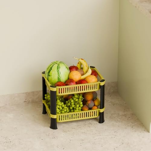 Image of Multipurpose Plastic Storage Rack for Kitchen | Foldable Vegetable & Fruit Organizer Stand for Onion, Potato, Sabji | Countertop Multi-Layer Basket Rack for Home, (Yellow, 2 layer)