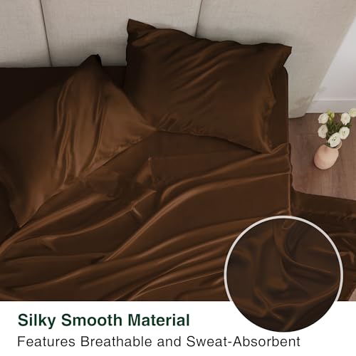 Love's cabin Satin King Sheet Sets - 4 Piece Brown Silky Sheets King Size Bed with Deep Pocket, Luxury Silk Feel King Size Satin Sheet Set (1 Flat Sheet,1 Fitted Sheet,2 Pillow Cases)