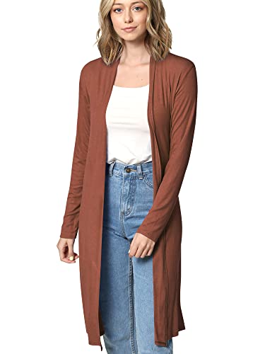 MBJ WSK1048 Womens Solid Long Sleeve Open Front Long Cardigan M Rust