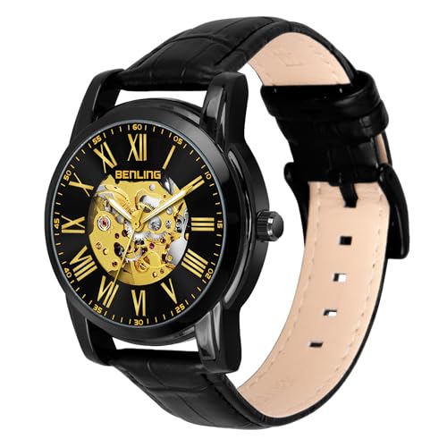 Image of Benling Skeleton Analog Automatic Watch for Men, Mechanical Movement, Leather Strap, Formal Casual Party Official Purpose