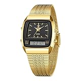 Lorciix Orologio da uomo analogico-digitale, cassa quadrata, al quarzo, doppio fuso orario, con sveglie e cronometro, impermeabile fino a 30 m, vetro minerale, cinturino in acciaio inox, Oro e nero