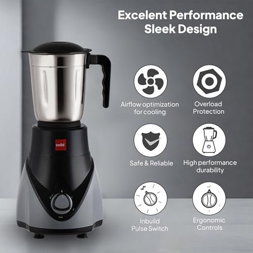 Image of CELLO Rivo Mix 3 Jar ISI Certified Mixer Grinder 500 Watts, Black Grey | 1 x 1200ml, 1 x 800ml, 1 x 400ml Stainless Steel Jars with Lid, Super Efficient SS Blades | 2 Years Manufacturing Warranty