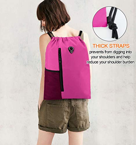 Image of BeeGreen Pink Cinch Sack Drawstring Backpack For Women With Water Bottle Pocket &Two Zippered Pocket Large Sports Gym Sackpack For Traveling Yoga Beach Outdoor