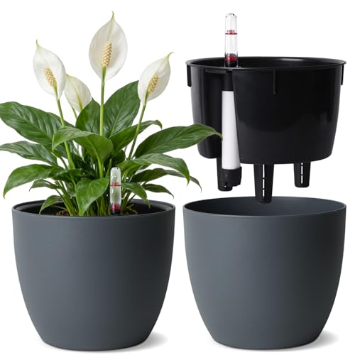T4U 2Pcs 15cm Selbstbewässerungstopf mit Wasseranzeiger Praktischer Blumentopf für vielbeschäftigte Anfänger und Gärtner Plant Pot geeignet für Efeu/Einblatt für den Innen und Außenbereich (Grau)