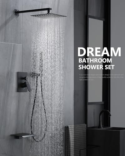 Sistema de Ducha con Desagüe para Bañera, Juego de Grifería de Ducha Montada en Pared, Cabezal de Ducha Cuadrado de 10 Pulgadas y Set de Ducha de Mano con Válvula, Combo Completo de Mezclador de Lujo y Kit de Recorte de Ducha (Negro) miniatura 2