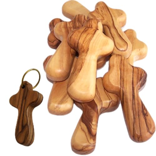 Holy Land Market Olive Wood Pocket Crosses 2.75 Inches - 10 Small Wooden Crosses & 1 Keychain