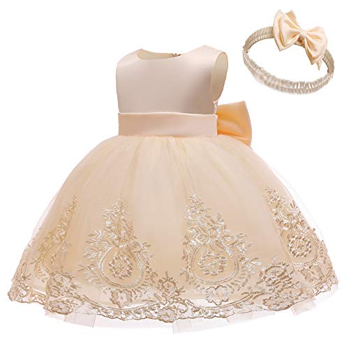 Image of TUIJI 0-6T Big Bowknot Toddler Baby Girls Formal Dresses Pageant Party Lace Embroidery Dress with Headwear