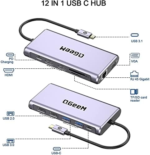 USB C Docking Station, QGeeM 12 in 1 Triple Display Hub, USB C Hub with 4K Dual HDMI, 1080P VGA,100W PD, Ethernet,USB C to USB 3.0, Card Reader, USB-C Data Compatible with MacBook,USB C Dock