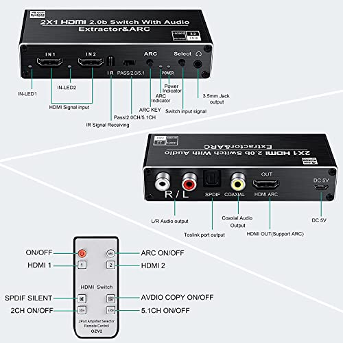 Image of MICROWARE HDMI Switch Audio Extractor, HDMI Switch Splitter 2 Inputs 1 Output with Remote 4K@60hz, 2-Port HDMI2.0b Switcher Box with Optical Toslink SPDIF+Coaxial+Analog RCA Stereo Audio Out