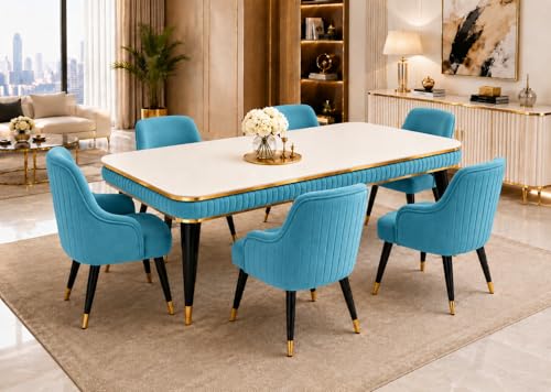 Image of WOODEN SPACE 6-Seater Wooden Dining Table Set | Nano Composite Marble Top | Solid Wood Base | Modern Dining Room Furniture with 6 Chairs (Sky Blue Modern Zyro)