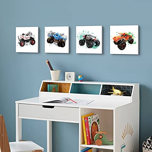 Monster Truck Wall Art Kids Bathroom Decor Megalodon Truck Pictures For Boys Bedroom Nursery Artwork Watercolor Cartoon Car Canvas Posters Cool Toddler Vehicle Painting Home Decorations 12×12" 4 Piece #TOP6