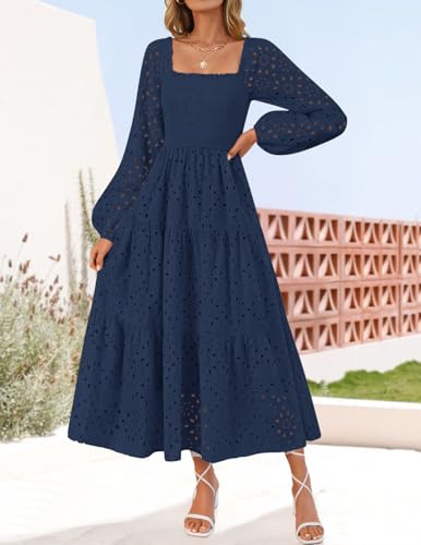 ZESICA Women's Fall Long Sleeve Maxi Dresses 2025 Square Neck Hollow Out Eyelet Smocked A Line Boho Wedding Guset Dress2