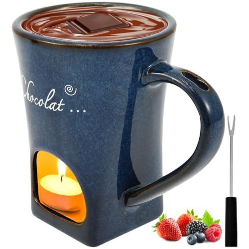 1Pcs/2 Pcs Chocolate Fondue Mug with 1& 2 Fork Chocolate Melt Cup Ceramic Hot Pot Melting Cup Butterwarmer Pot Set Tea Light Heated Fondue Warming Mug for Sweet Party (Gradient Blove)