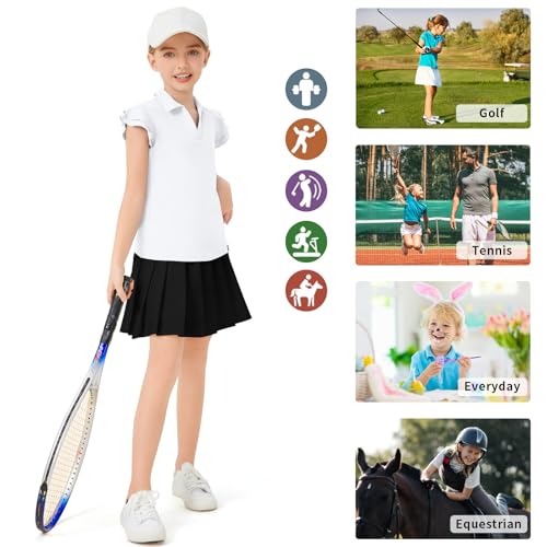 Image of Soneven Girls Ruffle Sleeve Polo Shirts V-Neck Golf Tennis T-Shirts Uniform Shirts Quick Dry for 4-14 Years