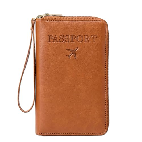 Rowgins Multi-Functional RFID Passport Wallet, RFID Passport Holder for Travel with Safe Zipper for Credit Cards, Tickets, and Cash (Brown)