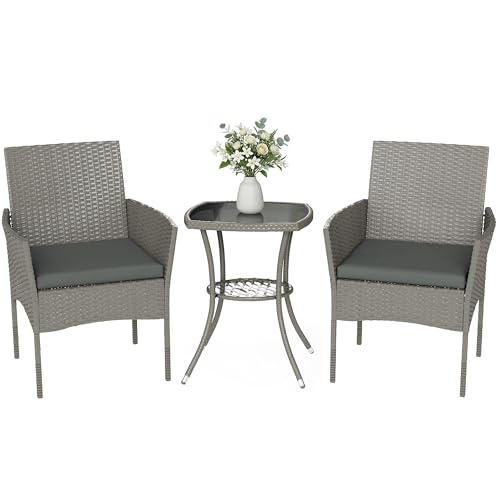 Outsunny 3 Piece Rattan Bistro Set, PE Wicker Garden Furniture Conversation Set, 2 Tier Glass-Top Bistro Table and Chairs for 2 with Cushions for Patio, Balcony, Porch, Dark Grey