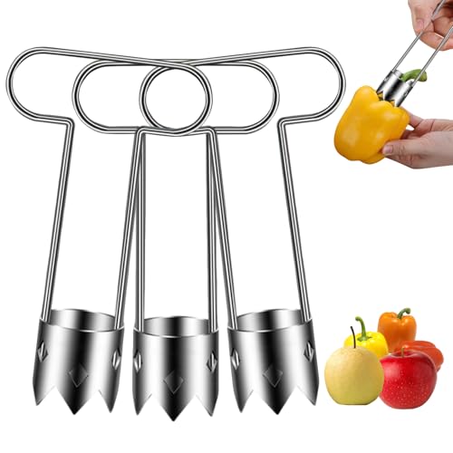 3 Stück Paprika Entkerner mit T Handgriff, 2025 Verbesserter Edelstahl Chili Entferner Pfeffer Gemüseschnitzer, Fruchtentkerner, Apfelausstecher, Ausstecher für Rote Paprika, Küchenhilfswerkzeuge
