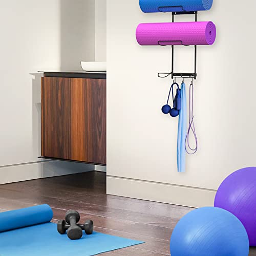 SafBbcue Wall Mount Yoga Mat Holder Home Gym Accessories Foam Roller, Blocks and Bars Organizer with 3 Hooks for Holds Yoga Strap, Resistance Bands or Towels, 5-Sectional - Thumbnail 7